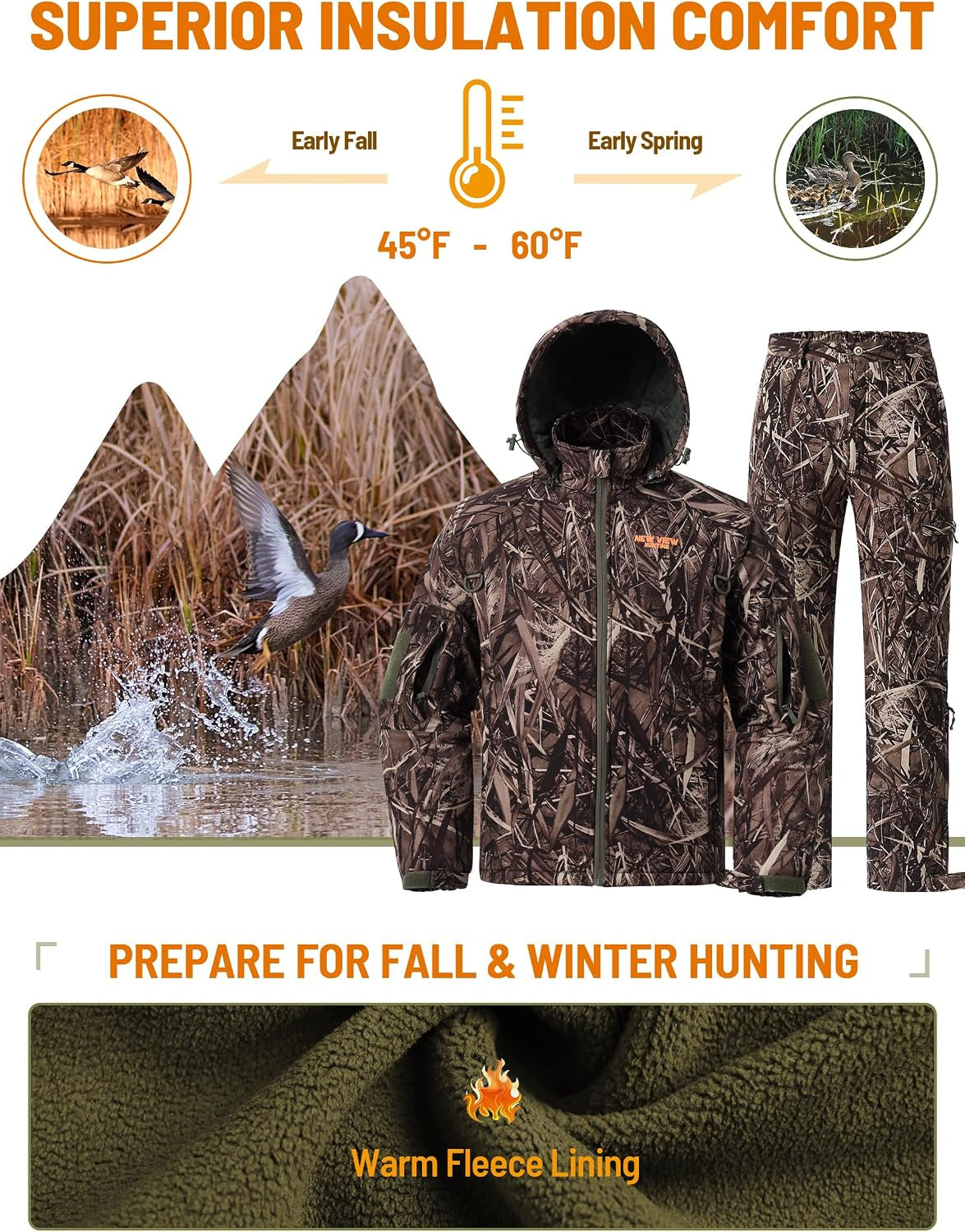 Insulated Hunting Clothes for Men Cold Weather, Warm Camo Hunting Jacket and Pants, Hunting Suit for Deer Duck Hunts