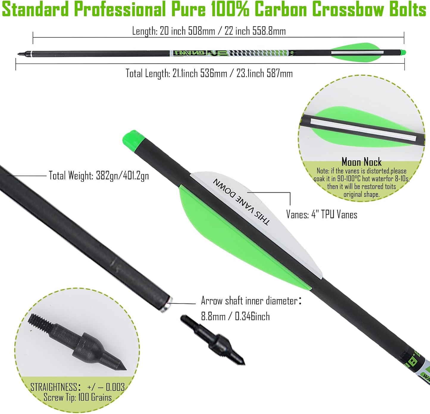 22 Inch Pure Carbon Crossbow Bolts Arrows with Broadheads for Hunting