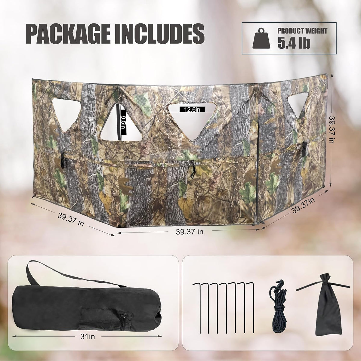 Hunting Blind 3-Panel Ground Blind with Carrying Bag Portable Hunting Ground Blinds for Deer Waterfowl Turkey Hunting