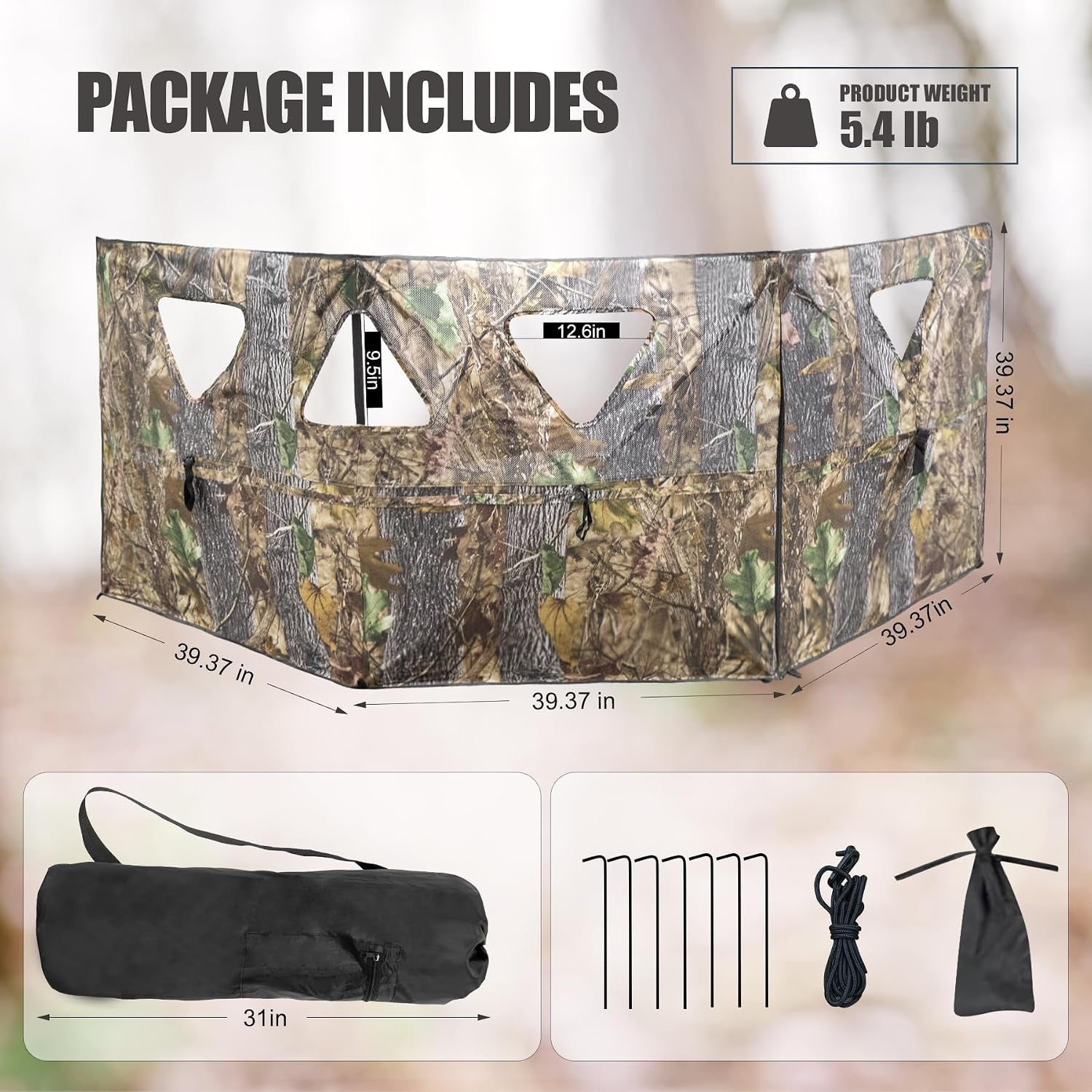 Hunting Blind 3-Panel Ground Blind with Carrying Bag Portable Hunting Ground Blinds for Deer Waterfowl Turkey Hunting