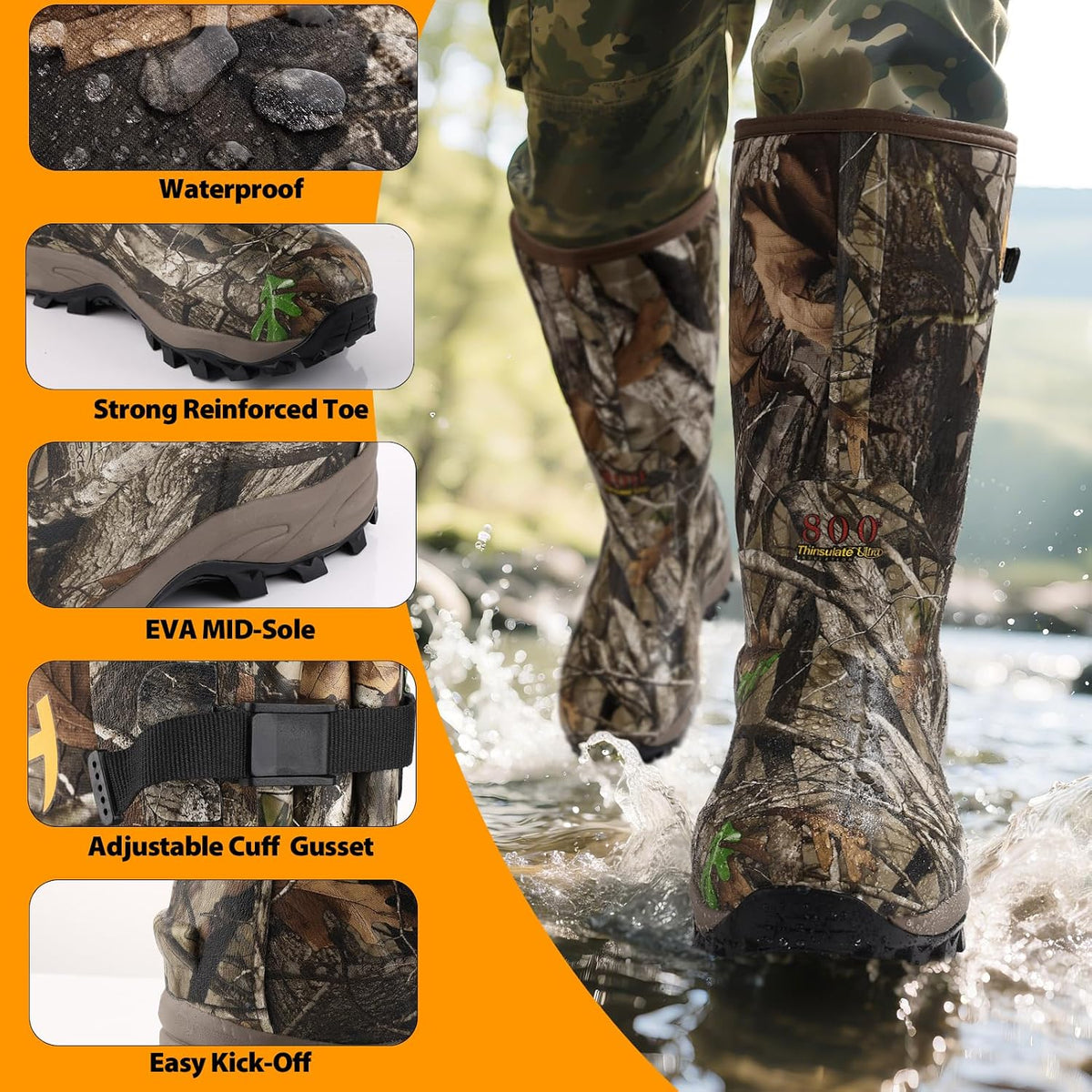 Rubber Hunting Boots for Men, 800G Insulation with EVA Midsole