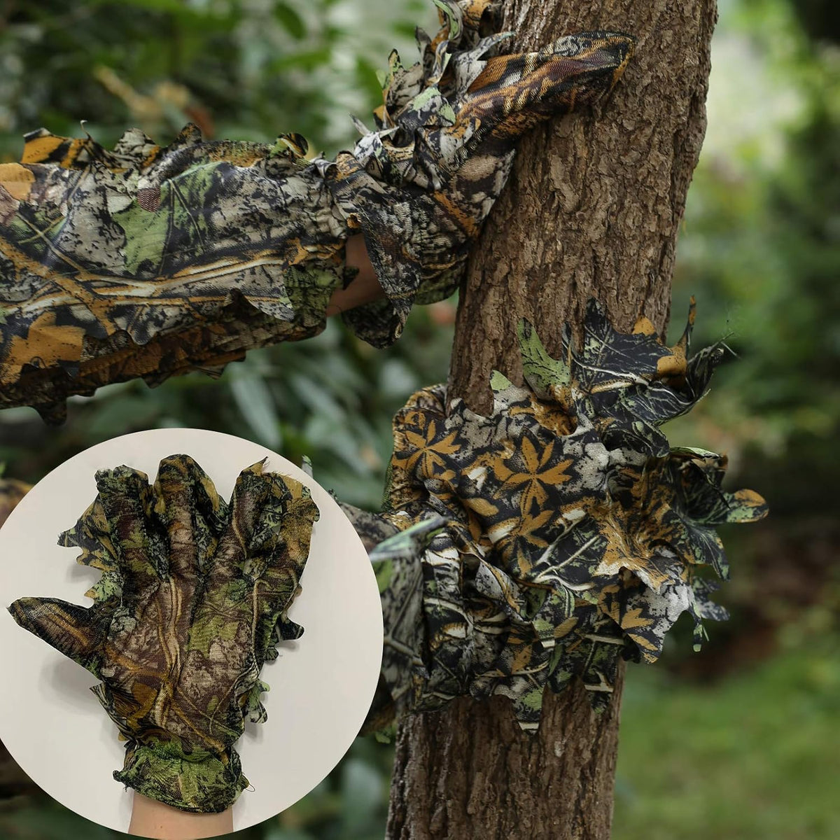 2-Piece Set Ghillie Camouflage 3D Leafy Full Face Mask Camo Hunting Gloves, Turkey Camo Hunter Hunting Accessories for Turkey Hunting Fishing Hunting Tactical Camouflage