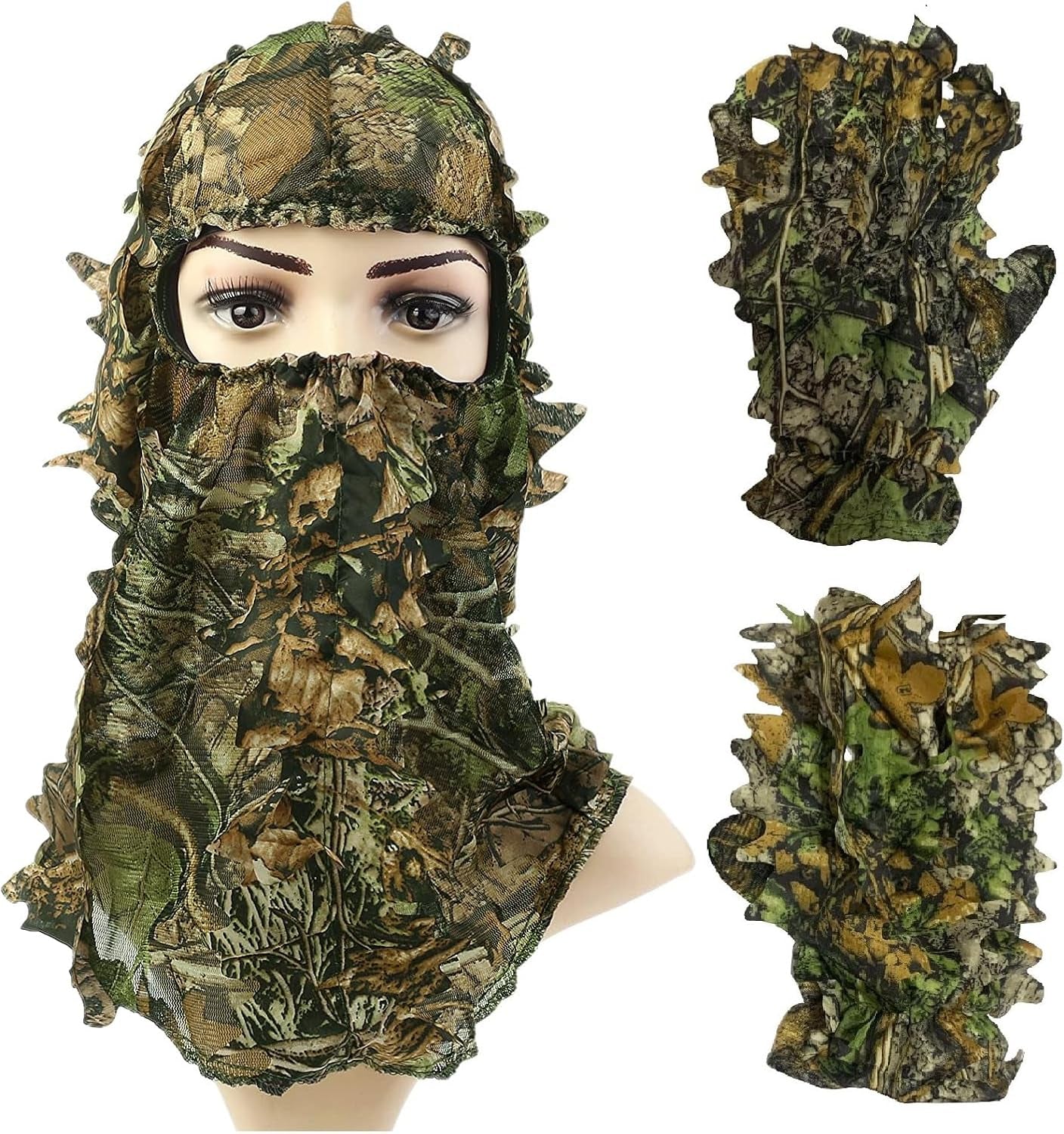 2-Piece Set Ghillie Camouflage 3D Leafy Full Face Mask Camo Hunting Gloves, Turkey Camo Hunter Hunting Accessories for Turkey Hunting Fishing Hunting Tactical Camouflage
