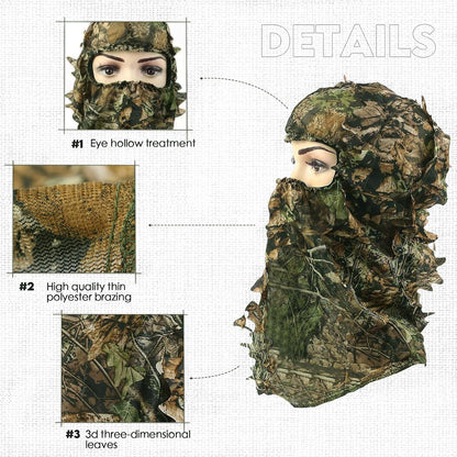 2-Piece Set Ghillie Camouflage 3D Leafy Full Face Mask Camo Hunting Gloves, Turkey Camo Hunter Hunting Accessories for Turkey Hunting Fishing Hunting Tactical Camouflage