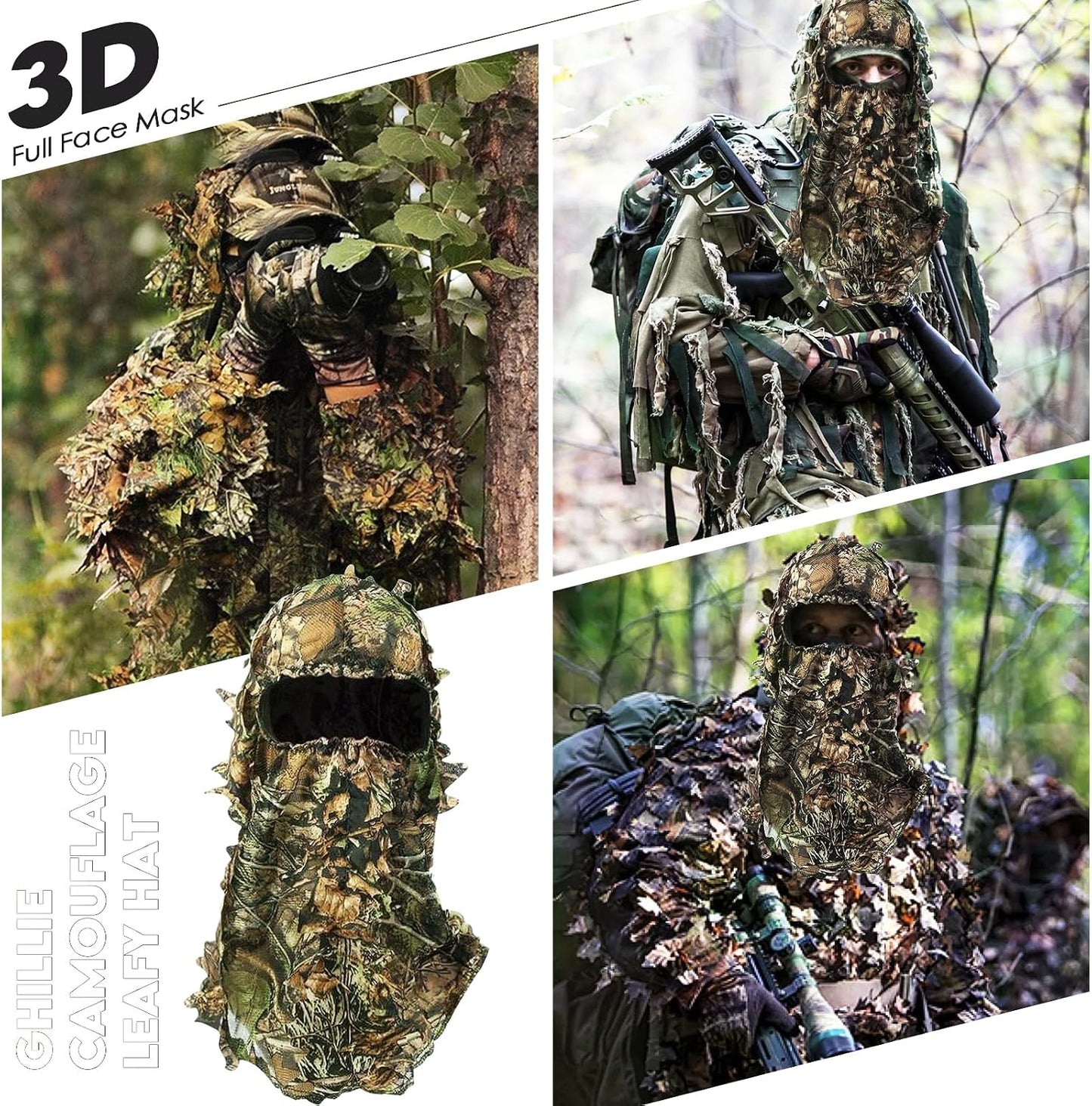 2-Piece Set Ghillie Camouflage 3D Leafy Full Face Mask Camo Hunting Gloves, Turkey Camo Hunter Hunting Accessories for Turkey Hunting Fishing Hunting Tactical Camouflage