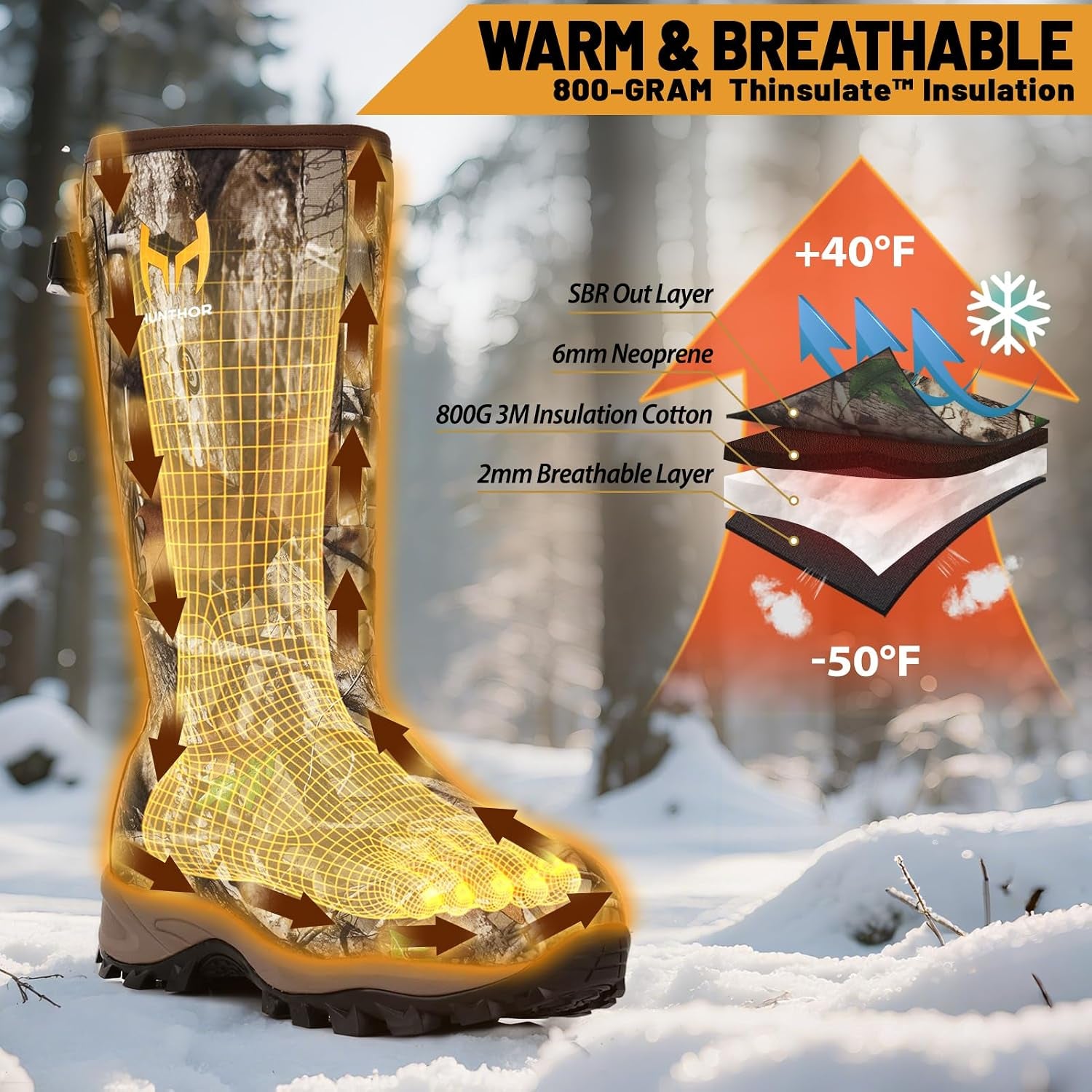 Rubber Hunting Boots for Men, 800G Insulation with EVA Midsole
