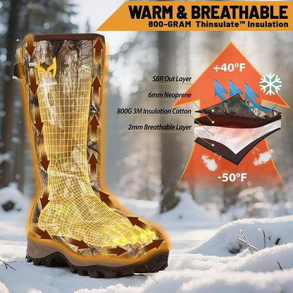 Rubber Hunting Boots for Men, 800G Insulation with EVA Midsole