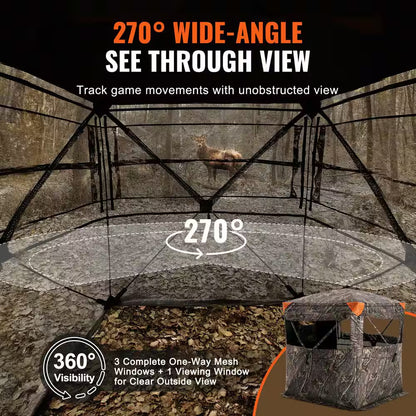 Hunting Blind, 270° See through Ground Blind, Portable Resilient Hunting Tent, 1-2 Person Pop up Deer Blind for Hunting